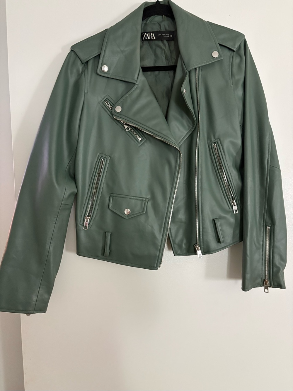 Zara Sage Green Faux Leather Moto Jacket